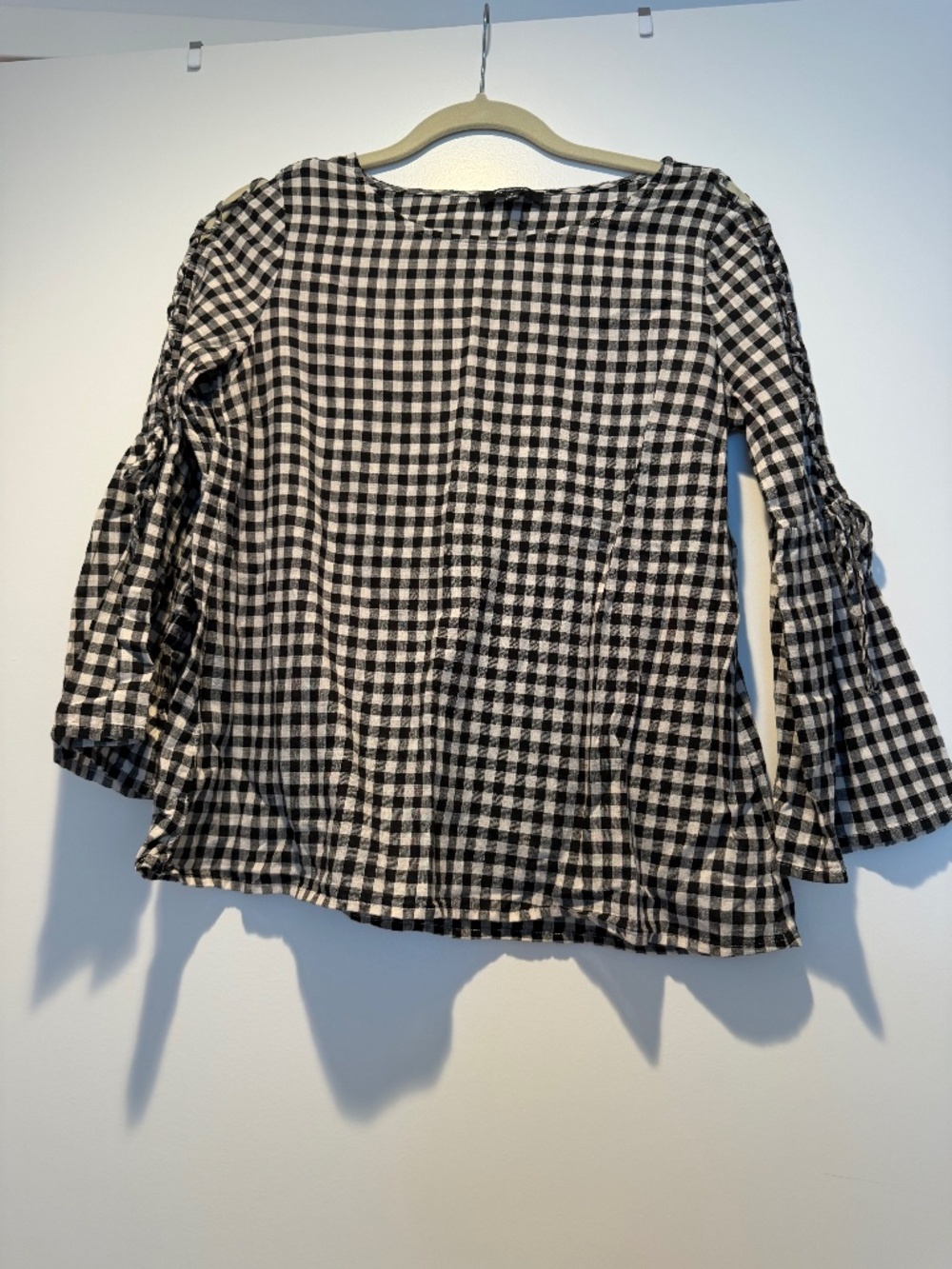 Madewell Gingham Lace-Up Bell-Sleeve Top Size Small